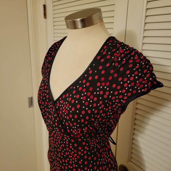Y2K Polka Dot Stretch Knit Dress Deep V-Neck City Triangles Medium Tie Waist - Picture 2 of 8